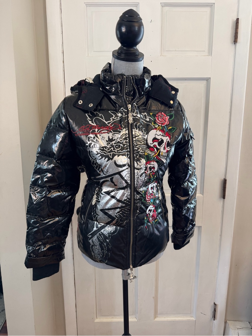 Ed Hardy Black Gloss Rose & Skull Embroidered Puffer Jacket